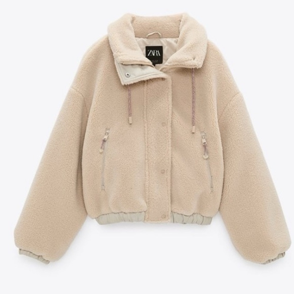 Zara Sherpa tan teddy fuzzy cropped fleece jacket